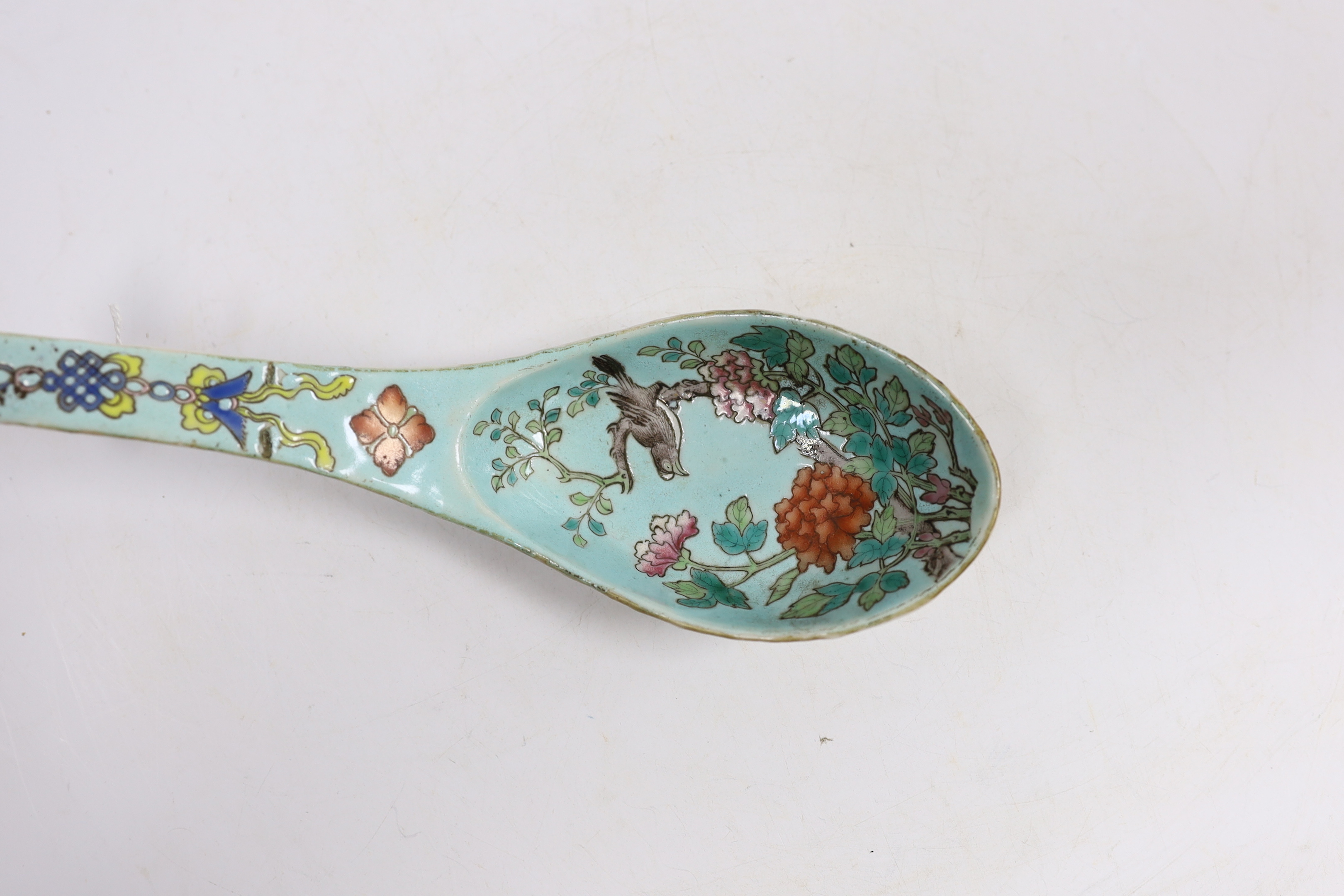 A 19th century Chinese enamelled porcelain large spoon, 22cm long